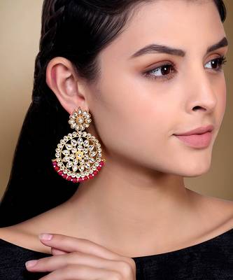 Aheli traditional jewellery 18k gold plated brass kundan bead pink chandbali earrings for women 1