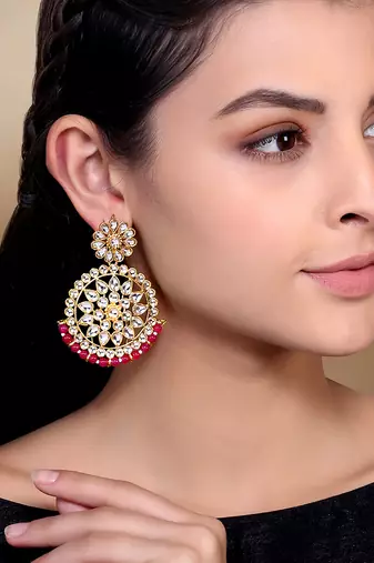 Aheli traditional jewellery 18k gold plated brass kundan bead pink chandbali earrings for women
