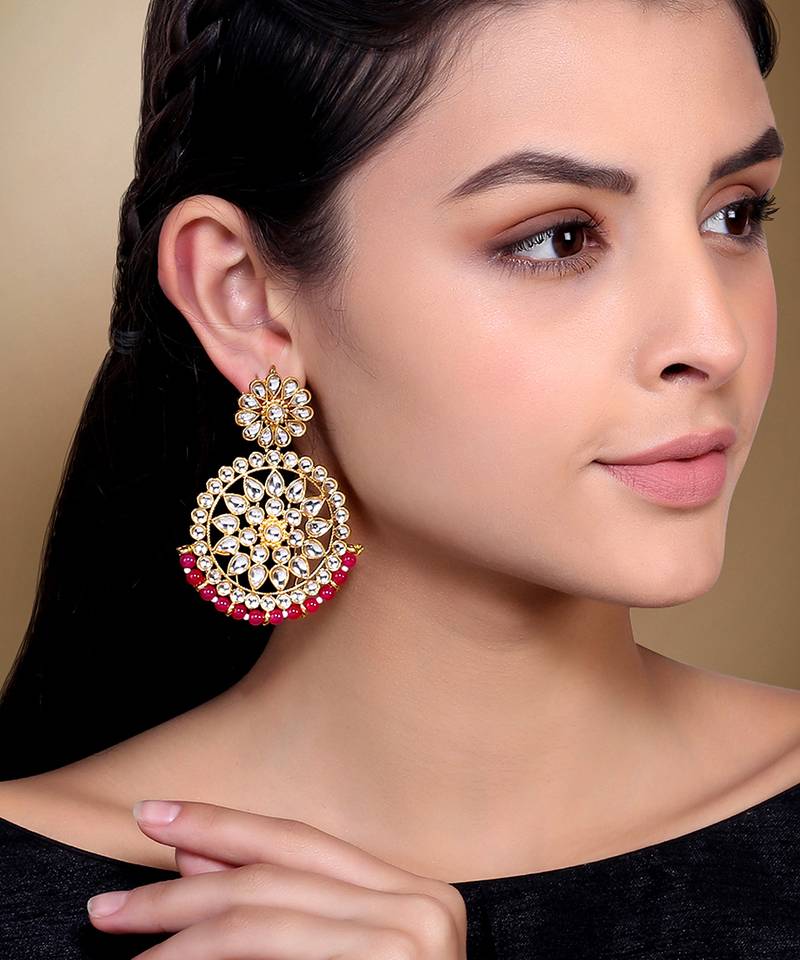 Aheli traditional jewellery 18k gold plated brass kundan bead pink chandbali earrings for women