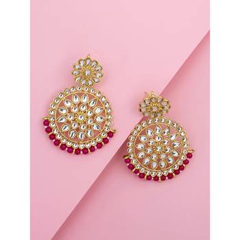 Aheli traditional jewellery 18k gold plated brass kundan bead pink chandbali earrings for women 2