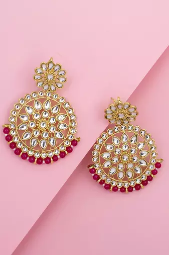Aheli traditional jewellery 18k gold plated brass kundan bead pink chandbali earrings for women