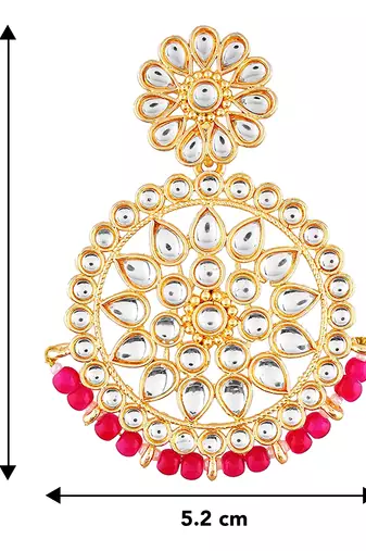 Aheli traditional jewellery 18k gold plated brass kundan bead pink chandbali earrings for women
