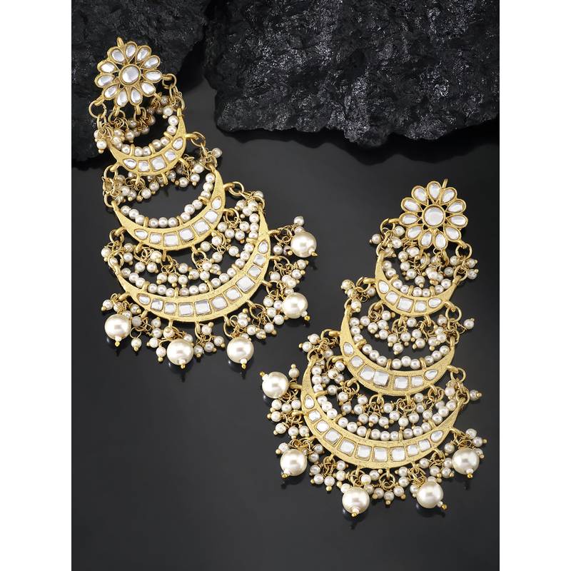 Aheli traditional gold plated kundan pearl long dangle earrings for women