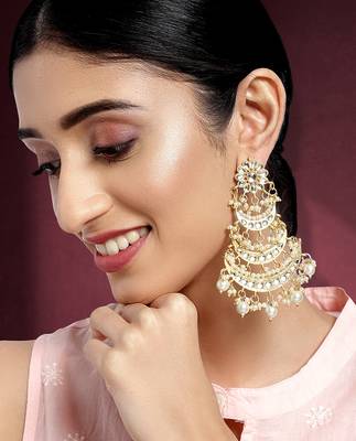 Aheli traditional gold plated kundan pearl long dangle earrings for women 2