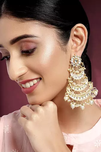 Aheli traditional gold plated kundan pearl long dangle earrings for women