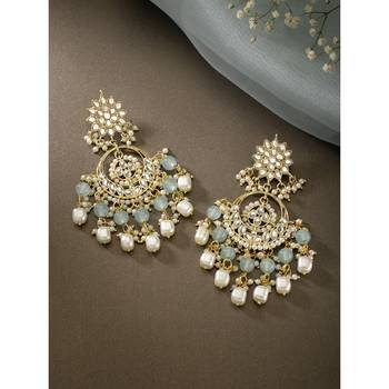 Aheli kundan pearl gold plated floral sky blue chandbali earrings for women long danglers 1