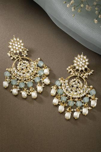 Aheli kundan pearl gold plated floral sky blue chandbali earrings for women long danglers