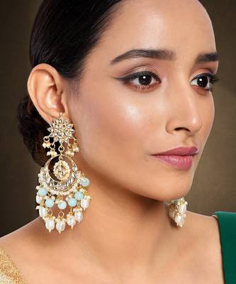 Aheli kundan pearl gold plated floral sky blue chandbali earrings for women long danglers 2