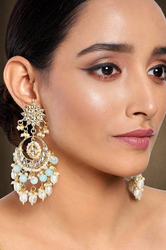 Aheli kundan pearl gold plated floral sky blue chandbali earrings for women long danglers