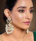 Aheli kundan pearl gold plated floral sky blue chandbali earrings for women long danglers