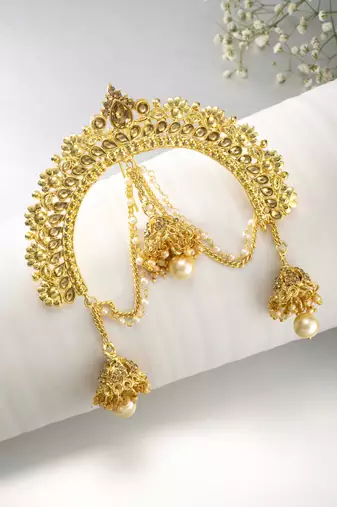 Aheli kundan pearl hair accessary juda pin with hanging jhumkis for women