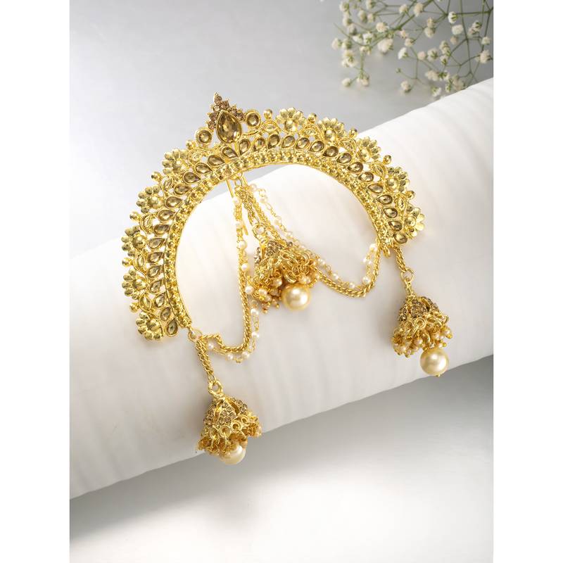 Aheli kundan pearl hair accessary juda pin with hanging jhumkis for women