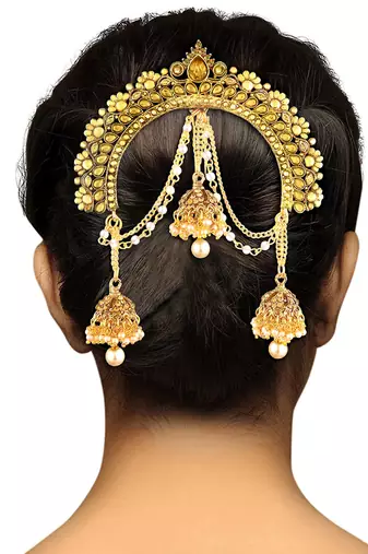 Aheli kundan pearl hair accessary juda pin with hanging jhumkis for women
