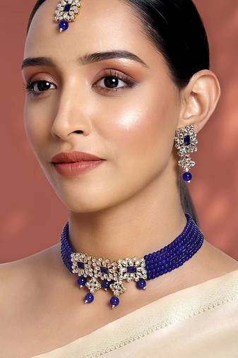 Aheli blue traditional choker necklace with earrings jewellery set for women