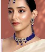 Aheli blue traditional choker necklace with earrings jewellery set for women