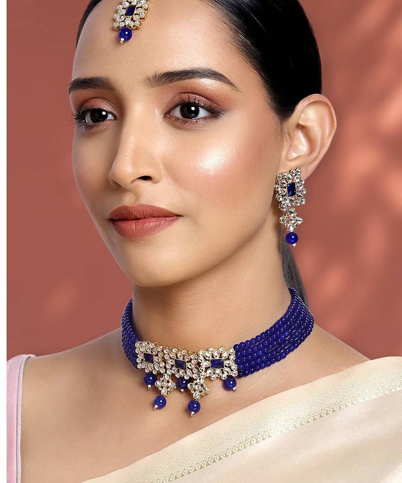 Aheli blue traditional choker necklace with earrings jewellery set for women