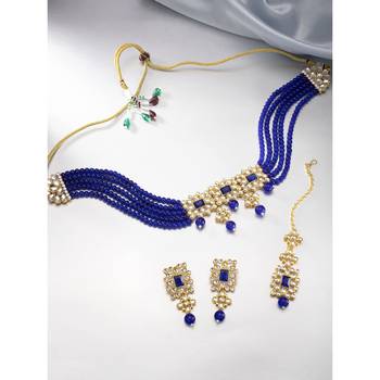 Aheli blue traditional choker necklace with earrings jewellery set for women 2