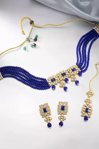 Aheli blue traditional choker necklace with earrings jewellery set for women
