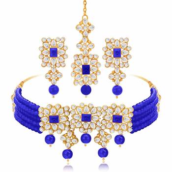 Aheli blue traditional choker necklace with earrings jewellery set for women 3
