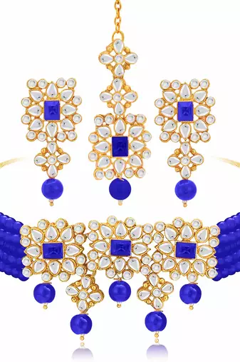 Aheli blue traditional choker necklace with earrings jewellery set for women