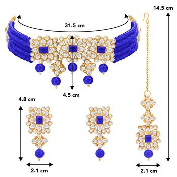 Aheli blue traditional choker necklace with earrings jewellery set for women 4