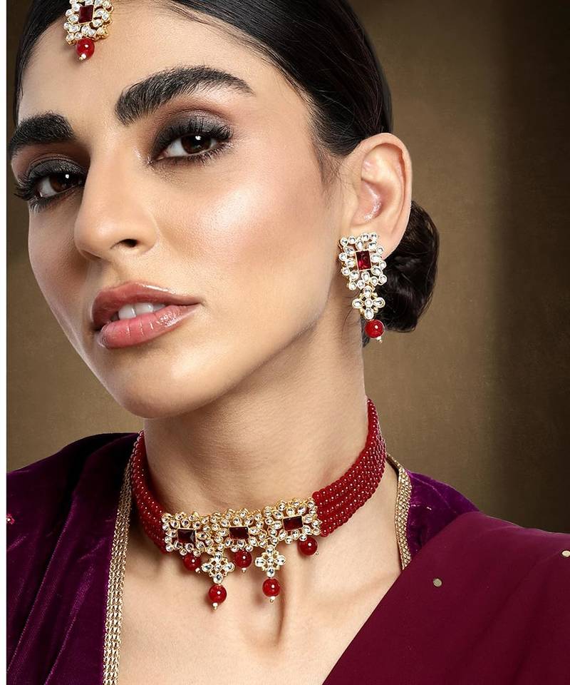 Aheli adjustable choker necklace with earring maang tikka jewellery set for women