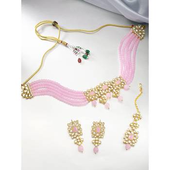 Aheli pink adjustable choker necklace with earring maang tikka jewellery set for womens 1