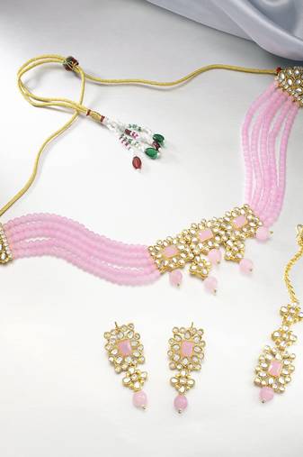 Aheli pink adjustable choker necklace with earring maang tikka jewellery set for womens