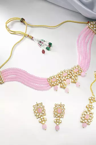 Aheli pink adjustable choker necklace with earring maang tikka jewellery set for womens