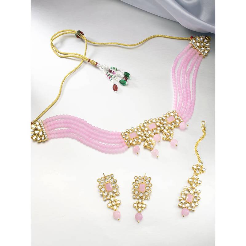 Aheli pink adjustable choker necklace with earring maang tikka jewellery set for womens