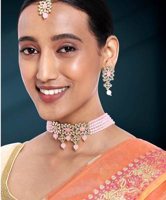 Aheli pink adjustable choker necklace with earring maang tikka jewellery set for womens 2
