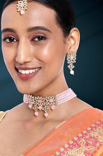 Aheli pink adjustable choker necklace with earring maang tikka jewellery set for womens
