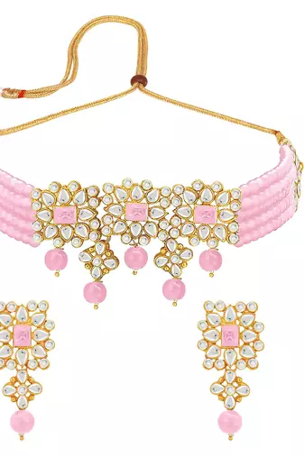 Aheli pink adjustable choker necklace with earring maang tikka jewellery set for womens
