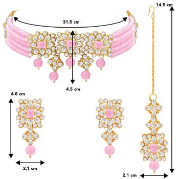 Aheli pink adjustable choker necklace with earring maang tikka jewellery set for womens 4