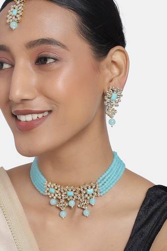 Aheli sky blue choker necklace with earring maang tikka jewellery set for women