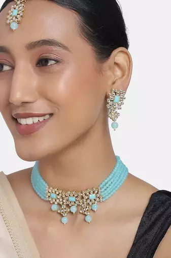 Aheli sky blue choker necklace with earring maang tikka jewellery set for women