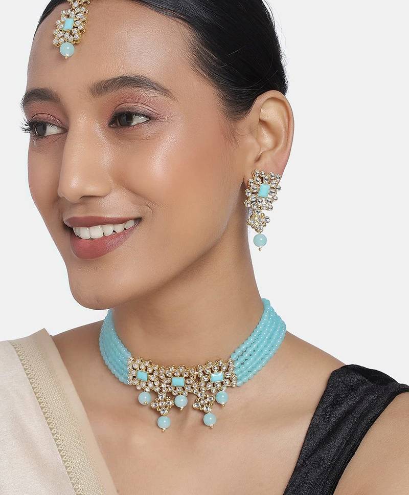 Aheli sky blue choker necklace with earring maang tikka jewellery set for women