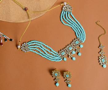 Aheli sky blue choker necklace with earring maang tikka jewellery set for women 2