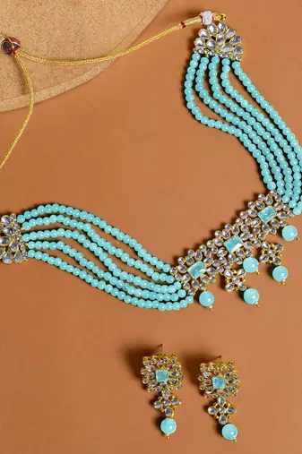 Aheli sky blue choker necklace with earring maang tikka jewellery set for women