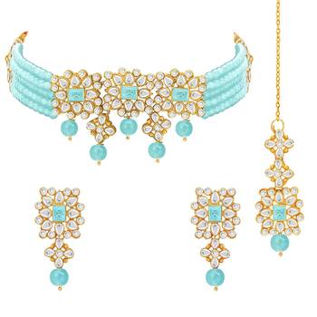Aheli sky blue choker necklace with earring maang tikka jewellery set for women 3
