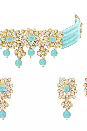 Aheli sky blue choker necklace with earring maang tikka jewellery set for women