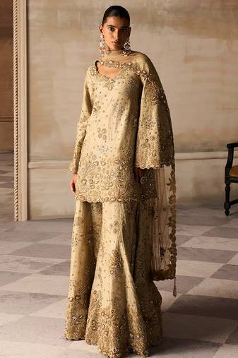 Gold embroidered tissue silk sharara set