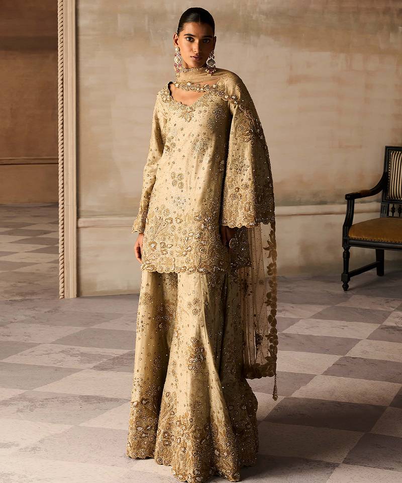 Gold embroidered tissue silk sharara set