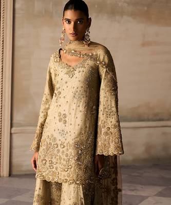 Gold embroidered tissue silk sharara set 2
