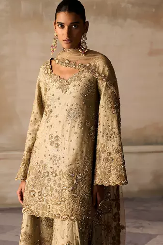 Gold embroidered tissue silk sharara set