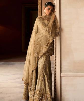 Gold embroidered tissue silk sharara set 3