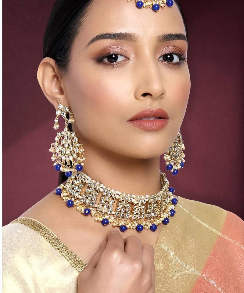 Aheli ethnic indian traditional kundan necklace earring maang tikka jewellery set for women