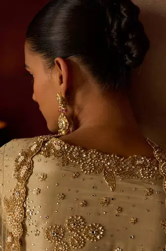 Gold embroidered tissue silk sharara set