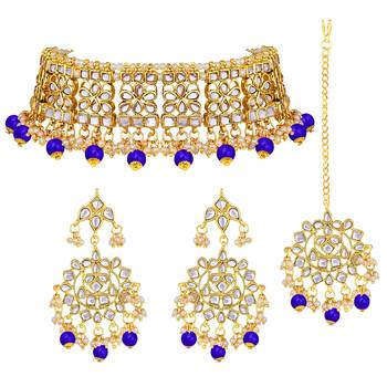 Aheli ethnic indian traditional kundan necklace earring maang tikka jewellery set for women 3