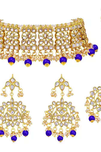 Aheli ethnic indian traditional kundan necklace earring maang tikka jewellery set for women